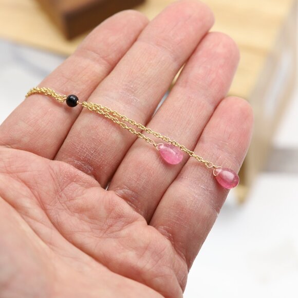 Tourmaline Dangle Necklace 14k Yellow Gold Pink Gemstone Drops (#8) - Picture 5 of 10